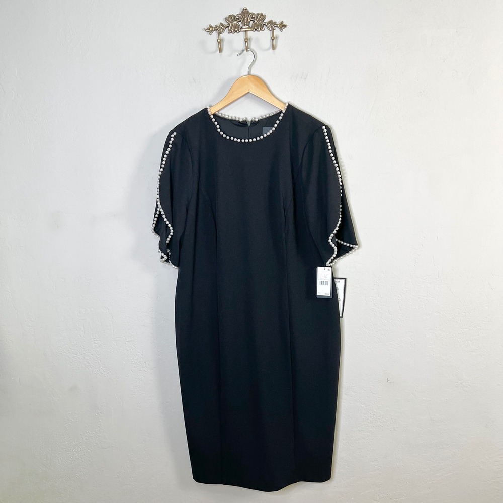 Adrianna Papell Knit Crepe Pearl Midi Dress Size 18W Black NEW Sheath Cocktail